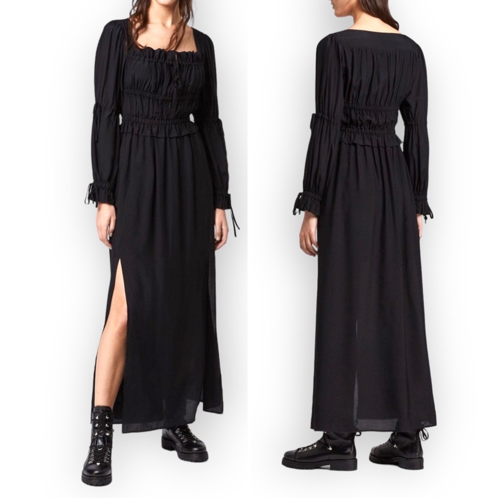 AllSaints Black Long Sleeve Maxi Dress with Side Slit